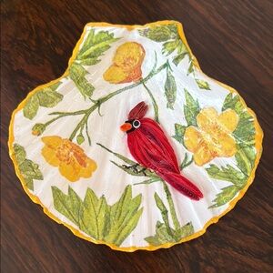 Decorative Shell with Red cardinal Bird and Yellow Flowers 3d quilling